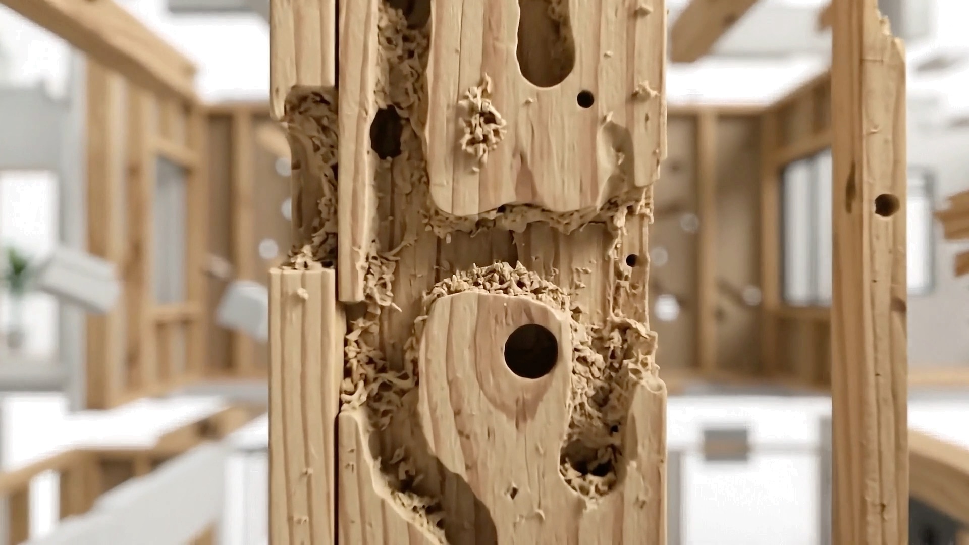 A model building coming apart to reveal termite damage deep in its framing, then reassembling