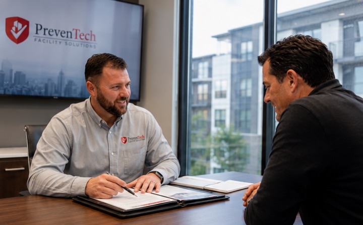 A PrevenTech representative walking a commercial property owner through an inspection report